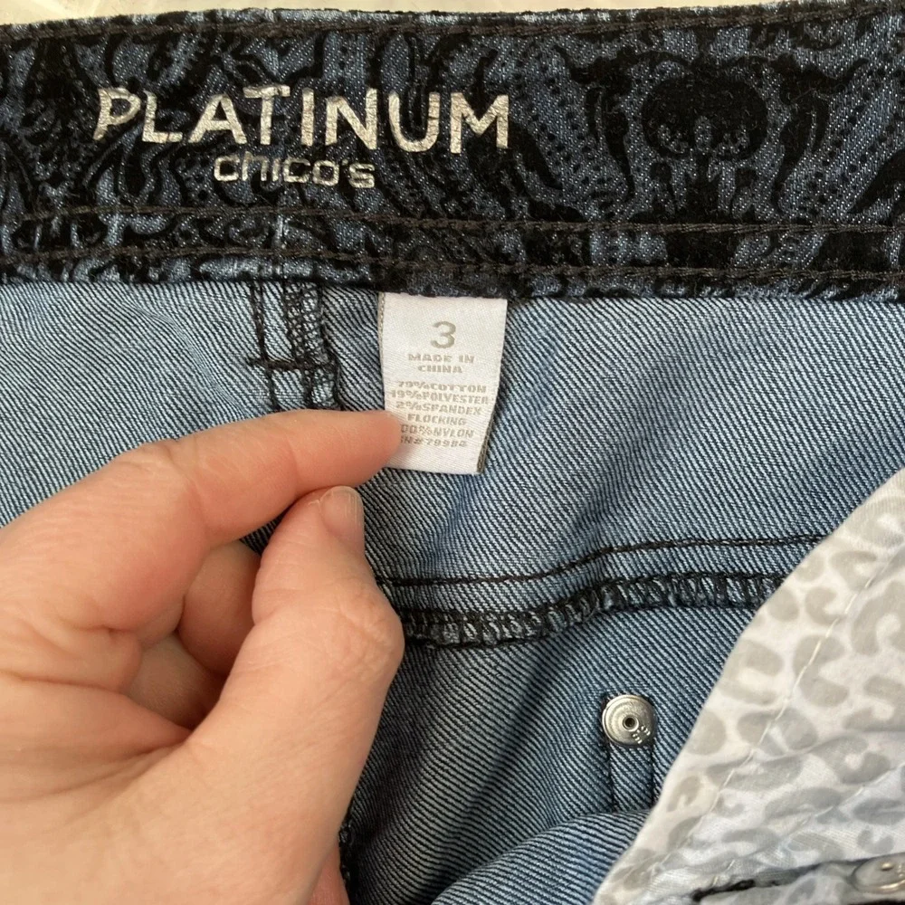 Chico's Platinum Black Velvet Flocked Paisley Jeans‎  Size 3 XL Straight Cut